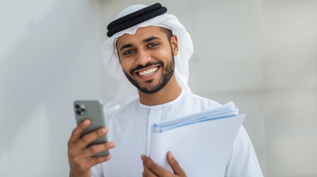 رجل قطري يبتسم الى الكاميرا و يحمل الهاتف بيده و بحث علمي في يد اخرى من الجنب