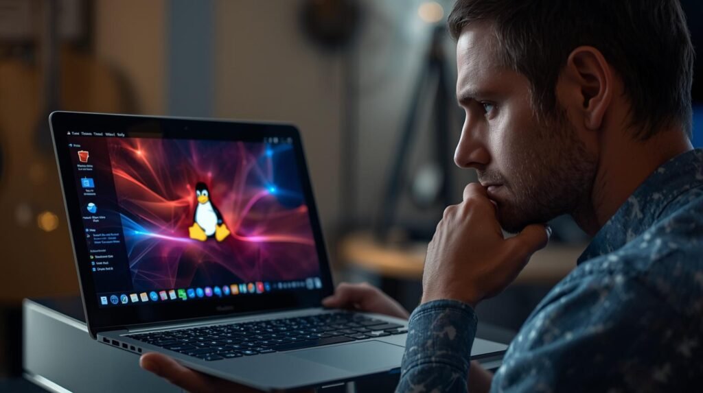 شخص يفكر و يحمل جهاز لابتوب و يفتح شاشة الينكس